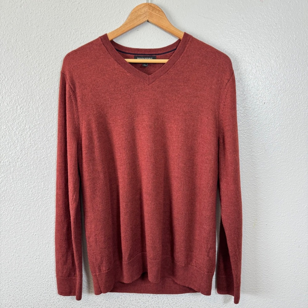 Banana Republic V Neck Merino Wool Sweater Men's Size L Red Long Sleeve Pullover - Picture 6 of 7